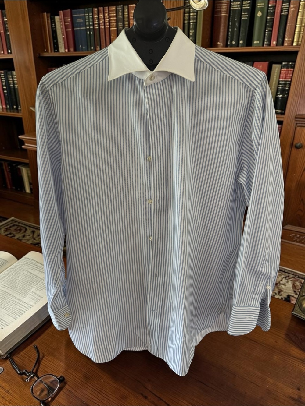 Ermenegildo Zegna SU MISURA Bespoke Trofeo Contrast Collar Shirt Blue Stripe